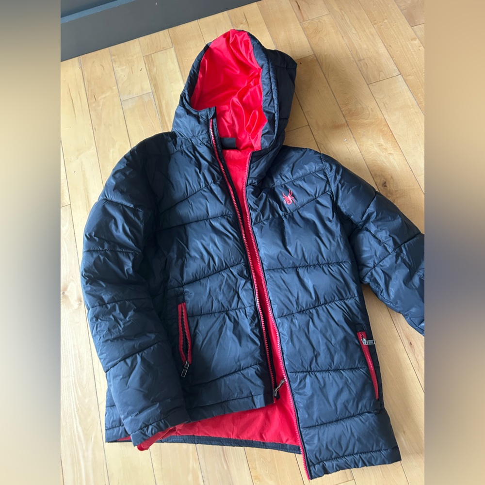 Black Puffer Jacket with Red Lining and Hood